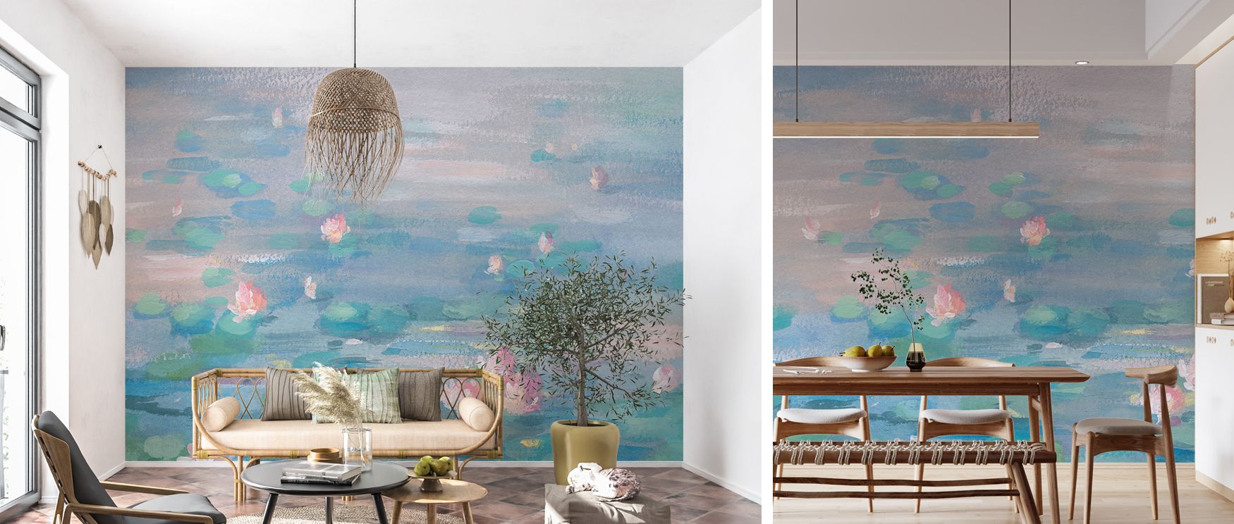 Blossoms of waterlilies float across this wallpaper, radiating calmness and beauty. Perfect for living rooms or bedrooms, the design introduces soft tranquility and natural elegance into interiors, creating refreshing sanctuaries filled with delicate arti