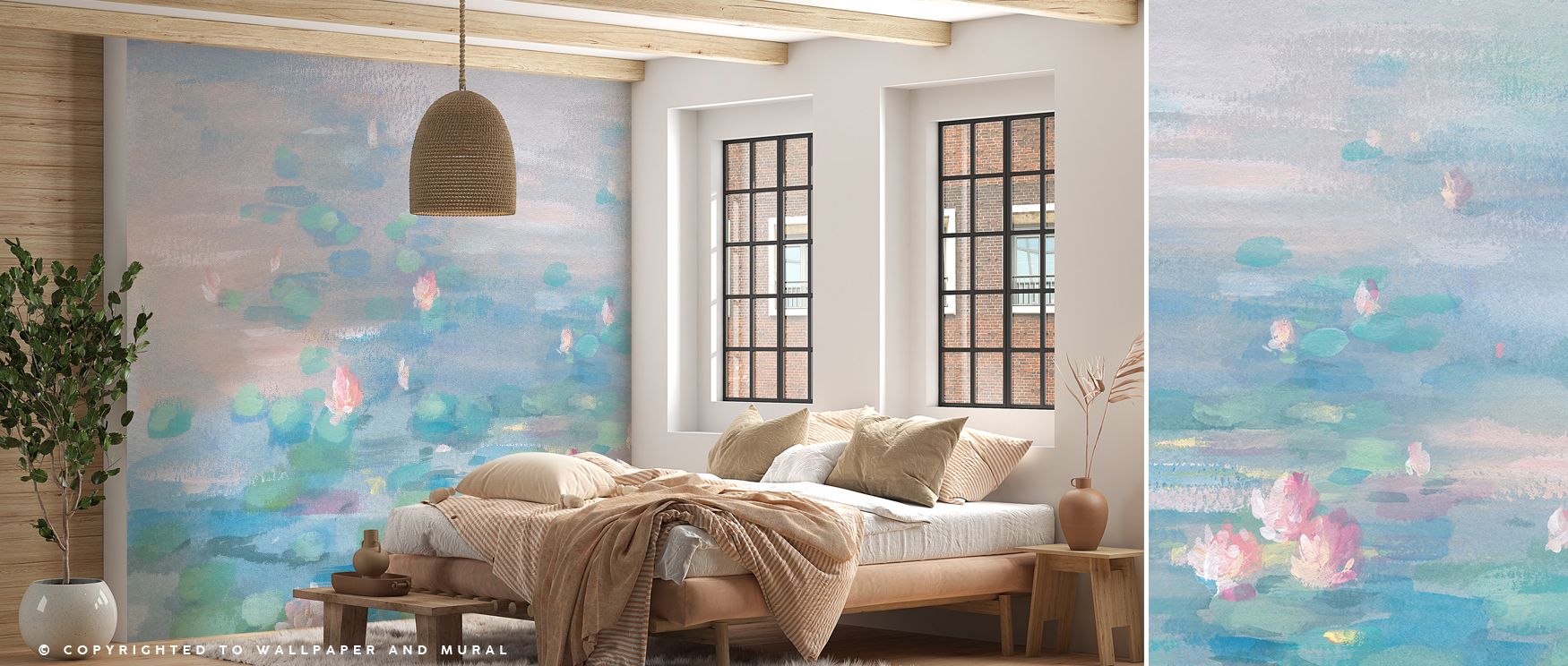 Floating waterlilies on a still pond fill this wallpaper with charm and serenity. Designed to enrich bedrooms and bathrooms with natural balance, it enhances walls with peaceful imagery that makes interiors feel calm, soothing, and beautifully refreshing.