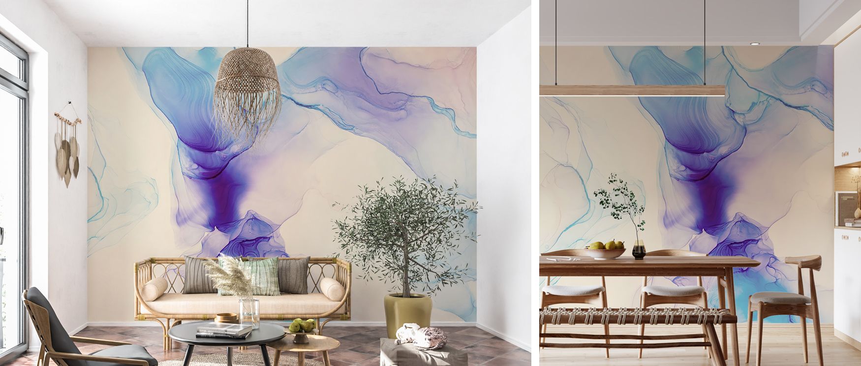 Abstract forms drift across this wallpaper like dreamlike visions, creating refined elegance in interiors. Bedrooms or lounges glow with calmness, as walls become artistic canvases that inspire peace, creativity, and serene beauty. 