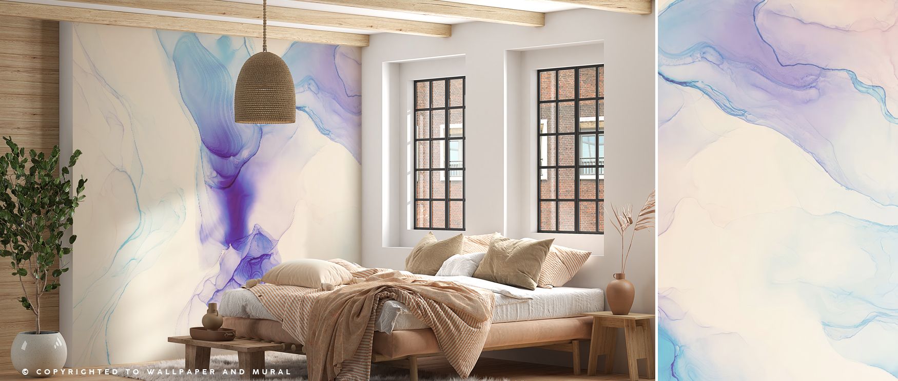 This wallpaper captures floating abstract shapes, filling bedrooms and living areas with refined artistry. The design balances calmness and sophistication, making walls into dreamlike spaces filled with tranquility and artistic charm. 