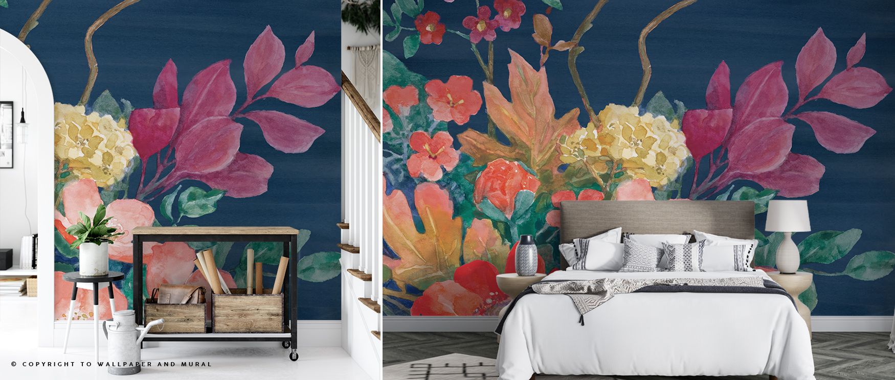 Striking floral motifs spread across this wallpaper, radiating charm and elegance. Bedrooms or dining rooms glow with drama, as walls transform into bold canvases filled with sophistication and refinement. 