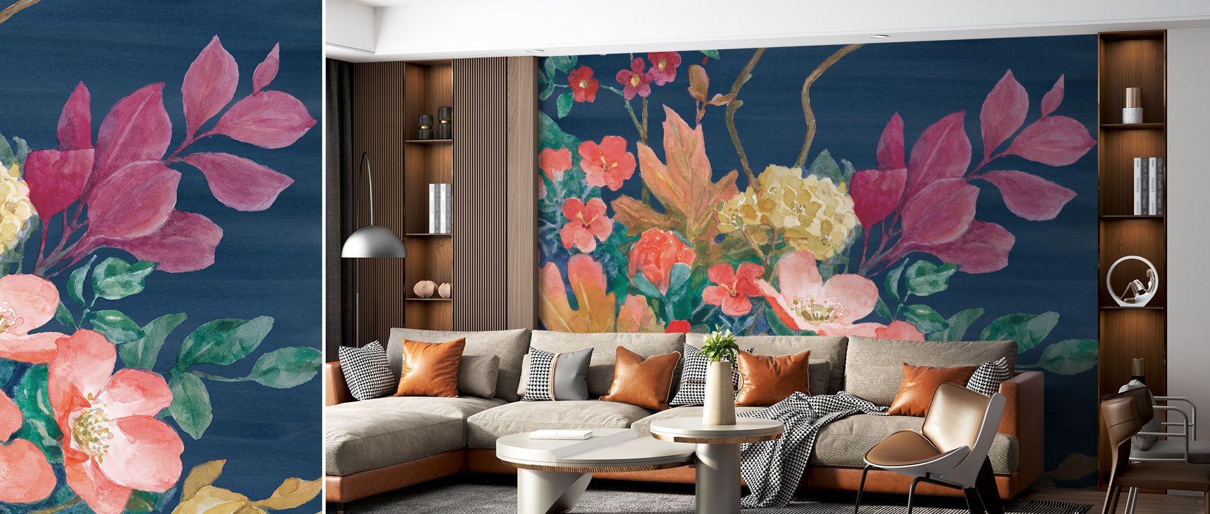 Striking floral designs enrich this wallpaper with sophistication and charm. Living rooms or lounges glow with drama, as walls become enriched with artistry, refinement, and bold floral beauty. 