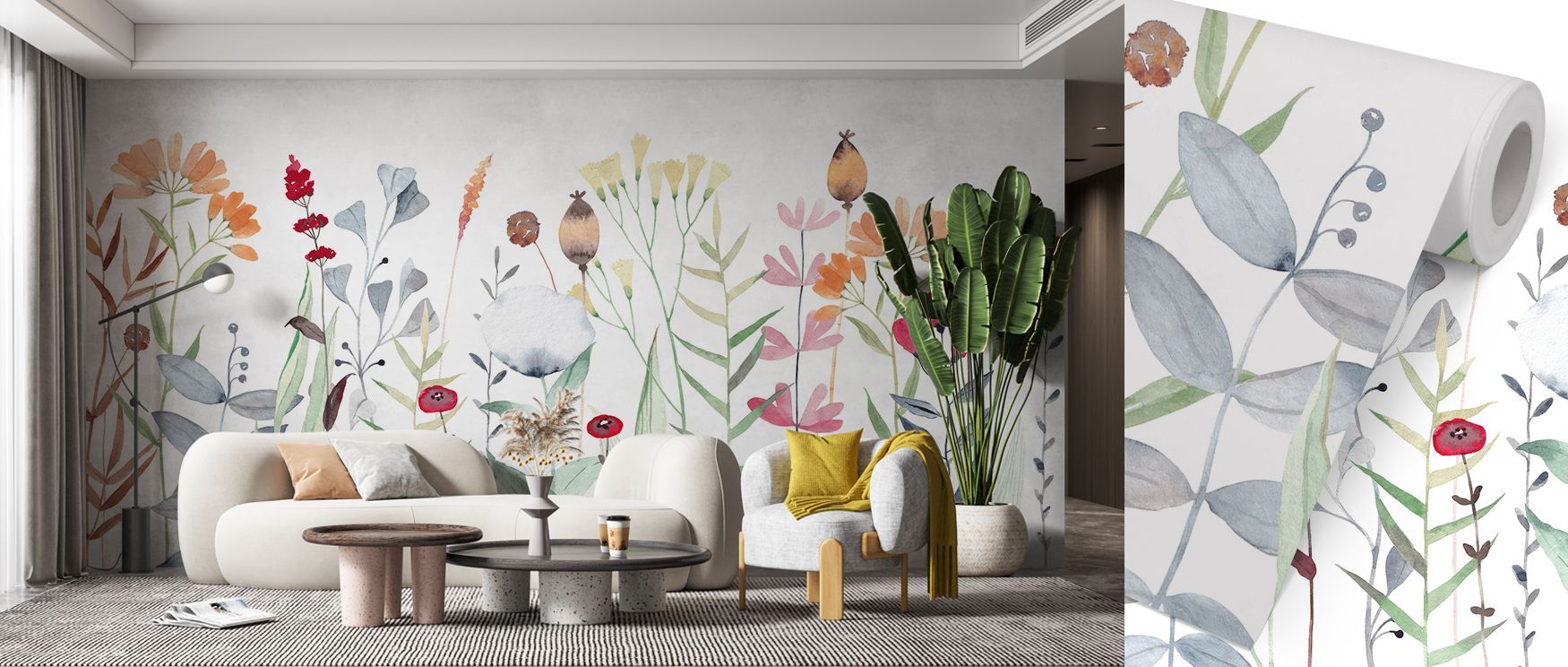 Colorful blossoms and leafy accents spread across this wallpaper, capturing the vibrancy of a jungle garden. Perfect for living rooms or playrooms, it enhances interiors with cheerful beauty, turning walls into inviting backdrops filled with dynamic charm