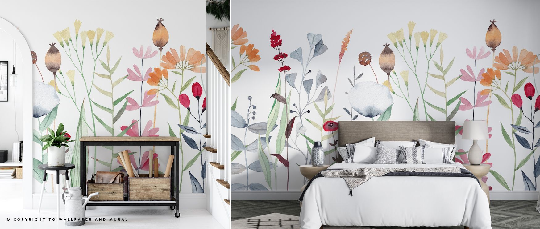 This wallpaper design features lush florals in bright tones, bringing tropical energy into interiors. Bedrooms and lounges become playful havens, with walls enriched by blossoms that radiate joy, transforming the home into a refreshing and lively sanctuar