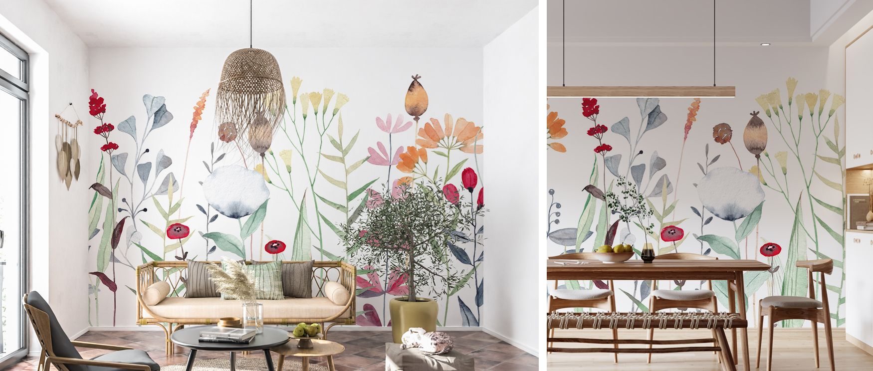 Vibrant blossoms and jungle leaves enrich this wallpaper, their details creating movement and life. Interiors glow with color and joy, making bedrooms, living rooms, or play areas into exciting retreats full of tropical energy and playful artistry. 