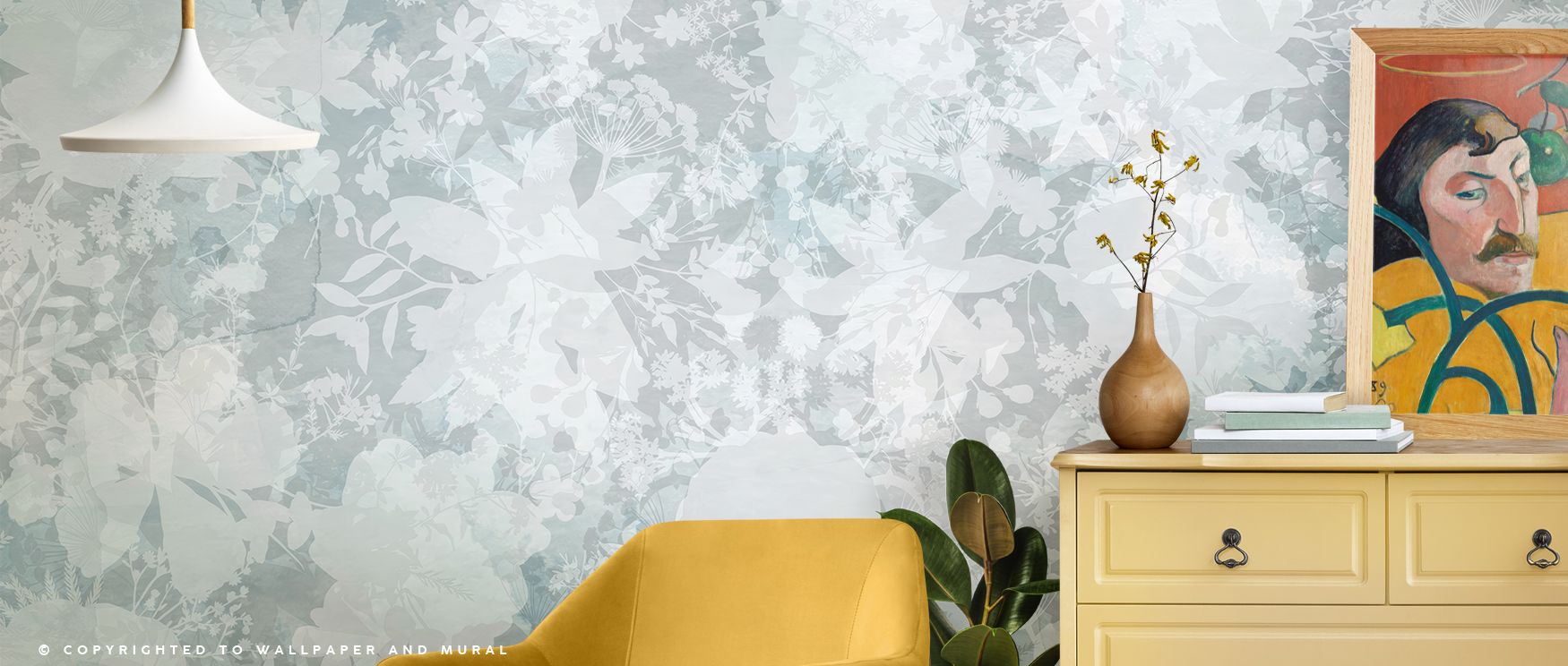 Blue-toned flower silhouettes spread across this wallpaper, creating calmness and refinement in interiors. Bedrooms or lounges shine with serene artistry, as walls become enriched with elegance and timeless charm. 