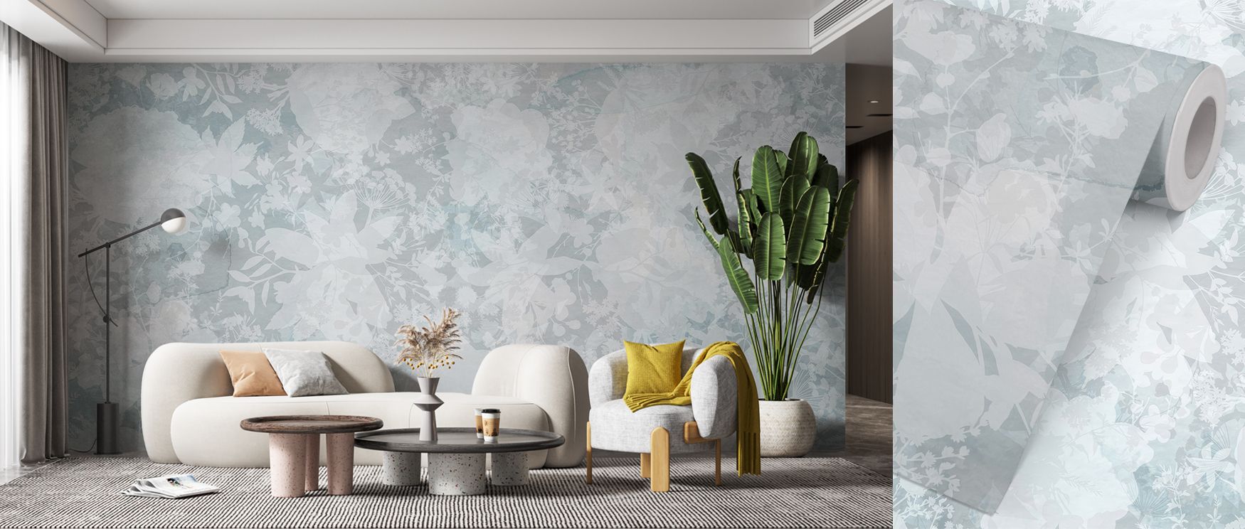Delicate flower silhouettes in blue shades enrich this wallpaper with tranquility. Designed for bedrooms and lounges, it adds balance and calmness, turning walls into elegant backdrops filled with refined beauty. 