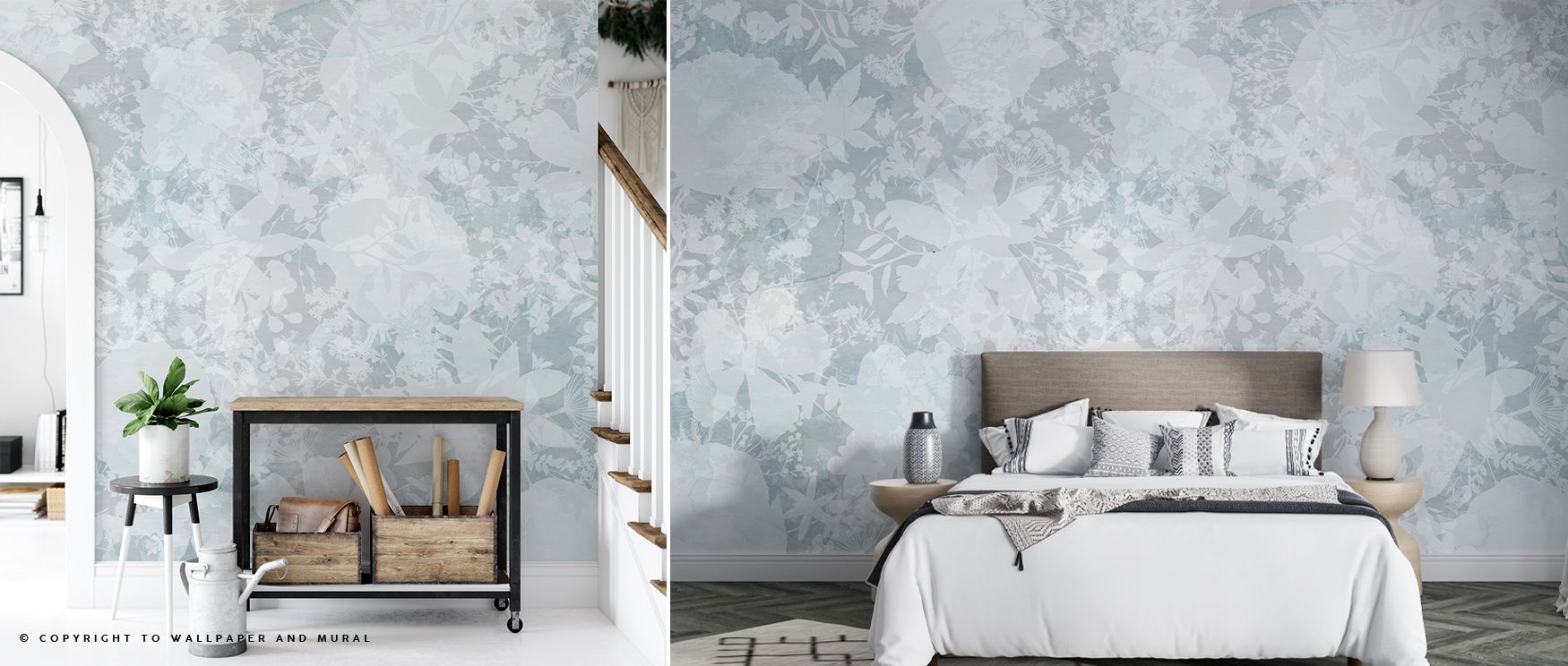This wallpaper features blue silhouettes of flowers, capturing artistic charm. Bedrooms and living rooms glow with serene elegance, as walls become understated backdrops of sophistication and refined artistry. 