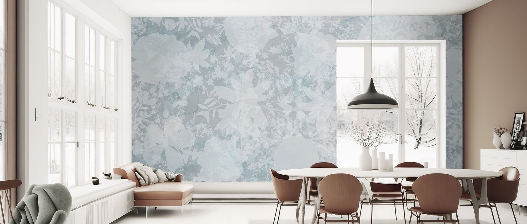 This wallpaper design captures floral silhouettes in soft blue, offering calm elegance to bedrooms or living rooms. Interiors glow with refined artistry, transforming walls into serene backdrops filled with charm. 