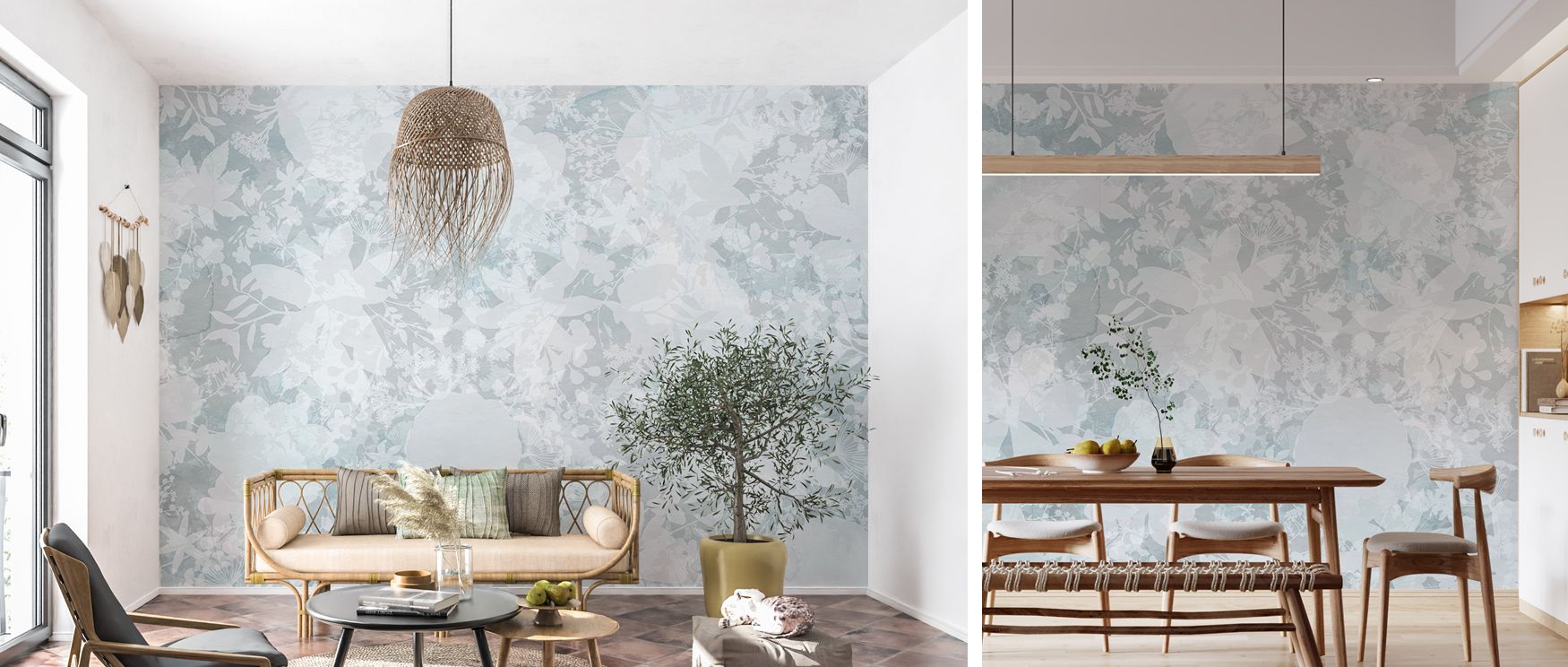Flower silhouettes in soft blue appear across this wallpaper, enriching interiors with calmness. Perfect for bedrooms or living rooms, it makes walls glow with serene beauty, offering artistic elegance and refinement. 