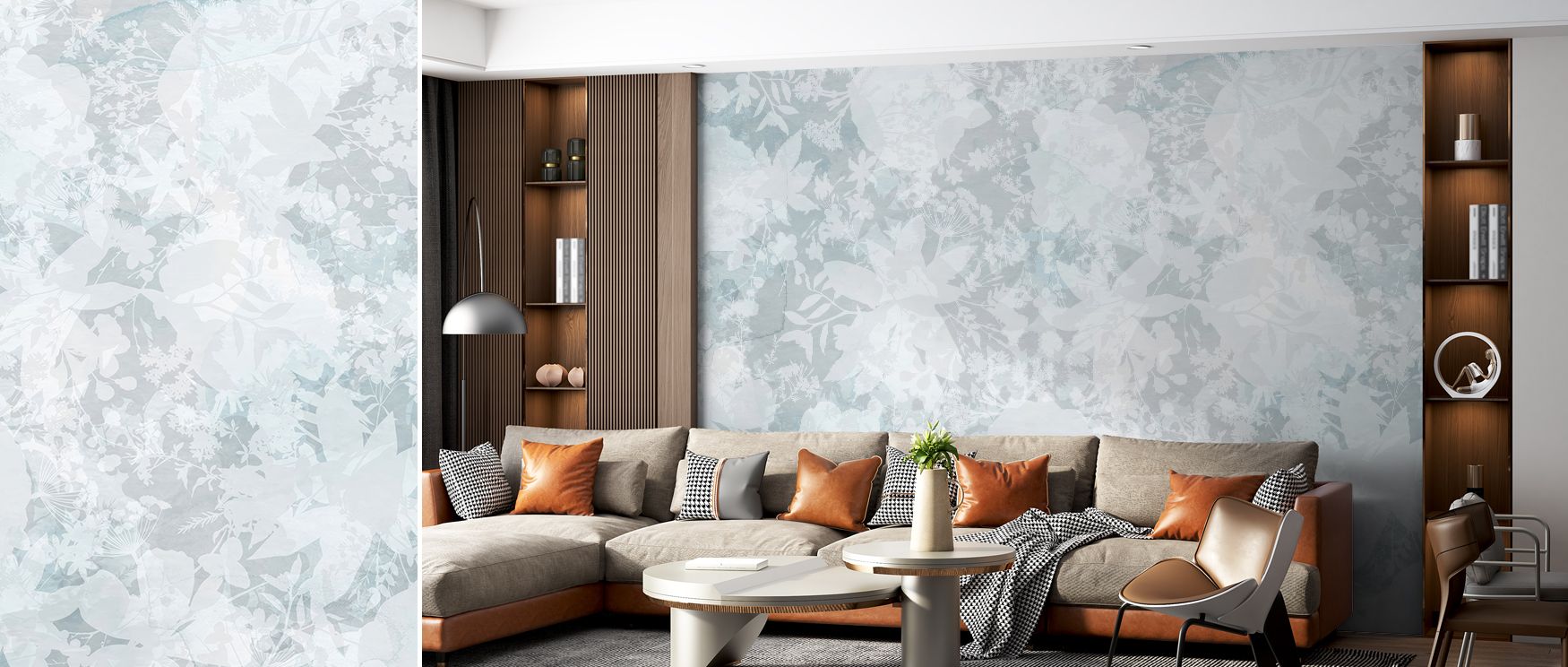 Blue floral silhouettes cascade across this wallpaper, enriching bedrooms or living rooms with calm artistry. Walls glow with understated refinement, making interiors serene and timelessly elegant. 
