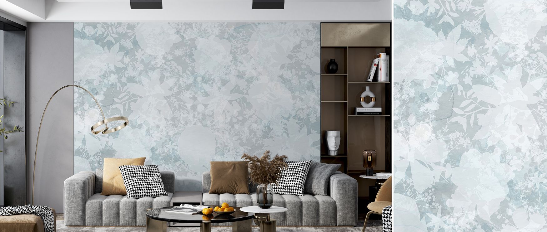 Flower silhouettes in blue tones enrich this wallpaper with calmness and artistry. Bedrooms and living rooms shine with refined beauty, as walls glow with serene charm and understated sophistication. 