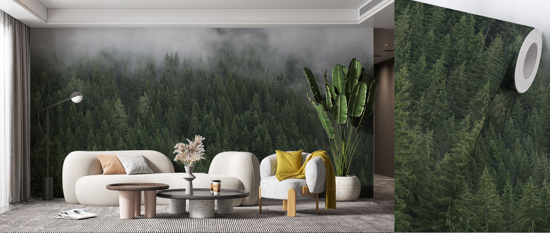 Foggy Treetops Scenic Wallpaper enriches offices with calming artistry where mist veiled treetops create refined professional settings that inspire creativity focus and relaxation blending natural imagery with modern decor to create tranquil stylish envir