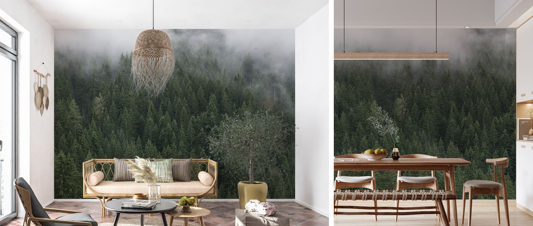 Foggy Treetops Scenic Wallpaper adds inspiring natural artistry into offices where soft atmospheric tones of mist and forest imagery enhance professional interiors creating calming elegant spaces filled with subtle charm and creative focus seamlessly. 