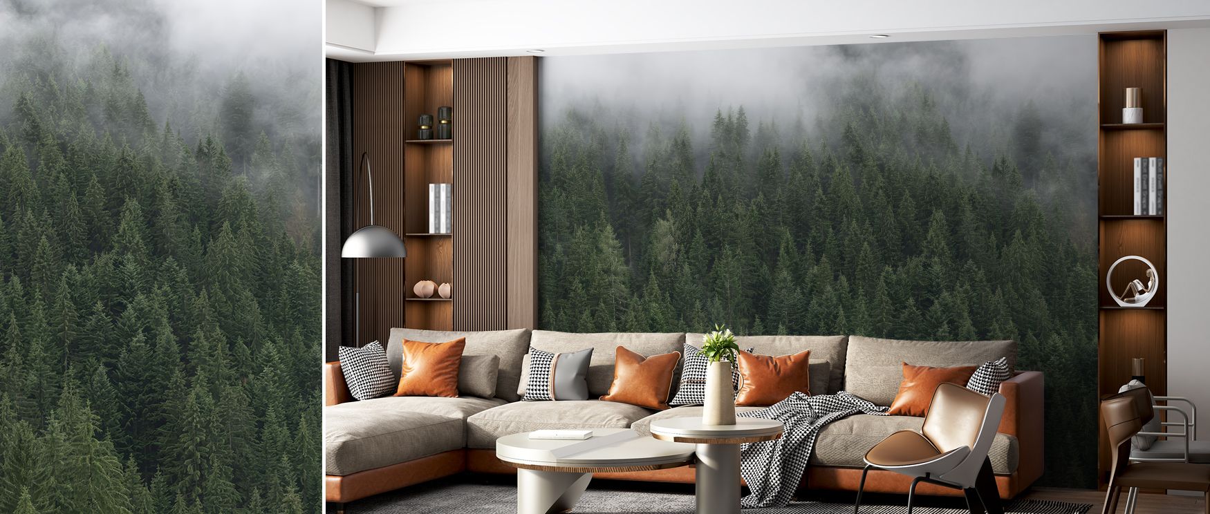 Foggy Treetops Scenic Wallpaper provides bedrooms with calming stylish decor where muted misty tones of treetops inspire restful elegance turning interiors into tranquil sanctuaries filled with artistic beauty and natural charm beautifully. 