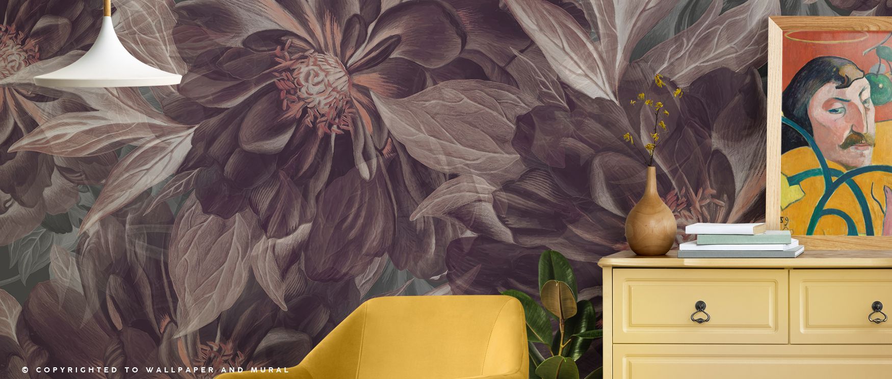 Dark Plum Foliage Study Wallpaper transforms living rooms into refined stylish settings where plum toned leaf imagery enhances atmosphere with natural artistry blending calming decorative detail with botanical inspiration to create elegant interiors beaut