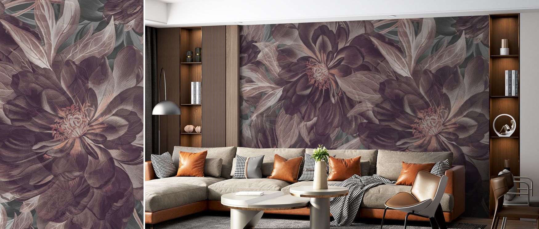 Dark Plum Foliage Study Wallpaper enhances living room walls with natural decorative artistry where deep plum leaves create stylish balance of botanical charm and refined elegance transforming interiors with tranquility and sophistication effectively. 