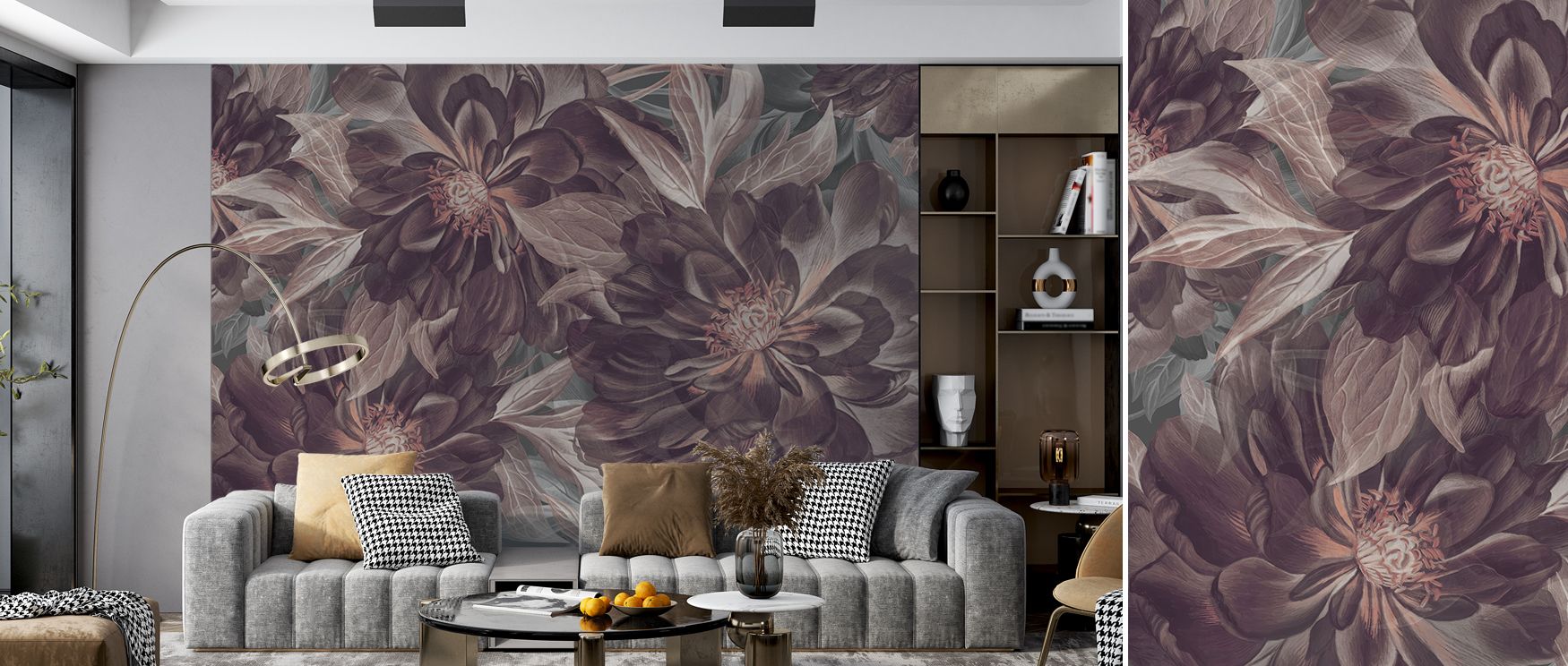 Dark Plum Foliage Study Wallpaper provides bedrooms with restful natural charm where detailed leaf imagery in plum tones decorates walls with calm artistry and stylish refinement offering interiors tranquil intimate decor enriched with sophistication natu