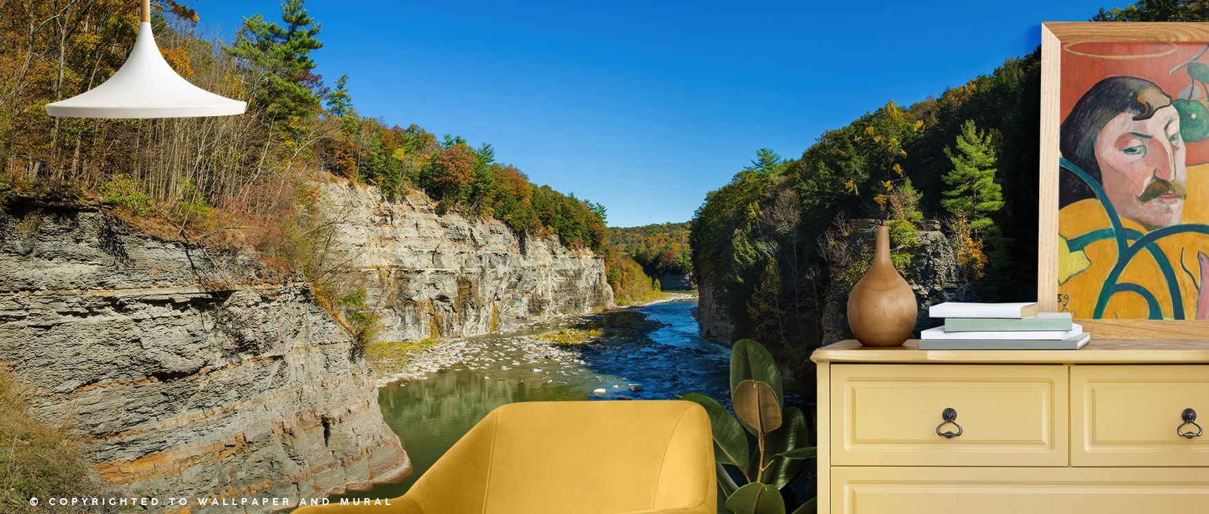 Artistic Follow Rivers Scenic Wallpaper decorates living rooms with nature inspired beauty where flowing river details enhance atmosphere creating engaging sanctuary filled with charm balance and artistic natural elegance effectively.