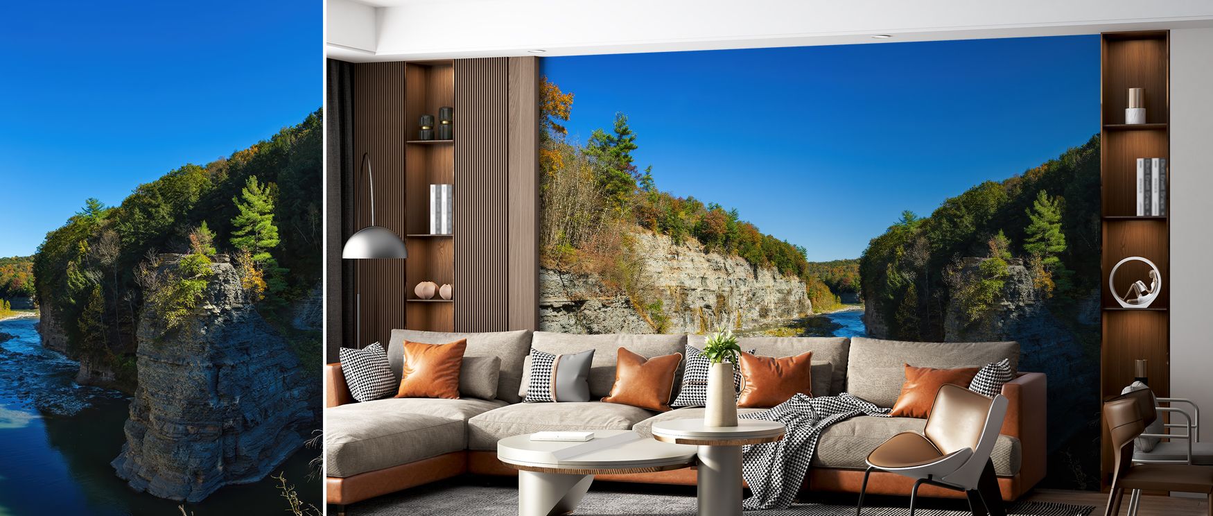 Scenic wallpaper design of Follow Rivers riverscape imagery enhances living rooms with visual depth where flowing water becomes artistic centerpiece transforming plain walls into captivating natural backdrops consistently.