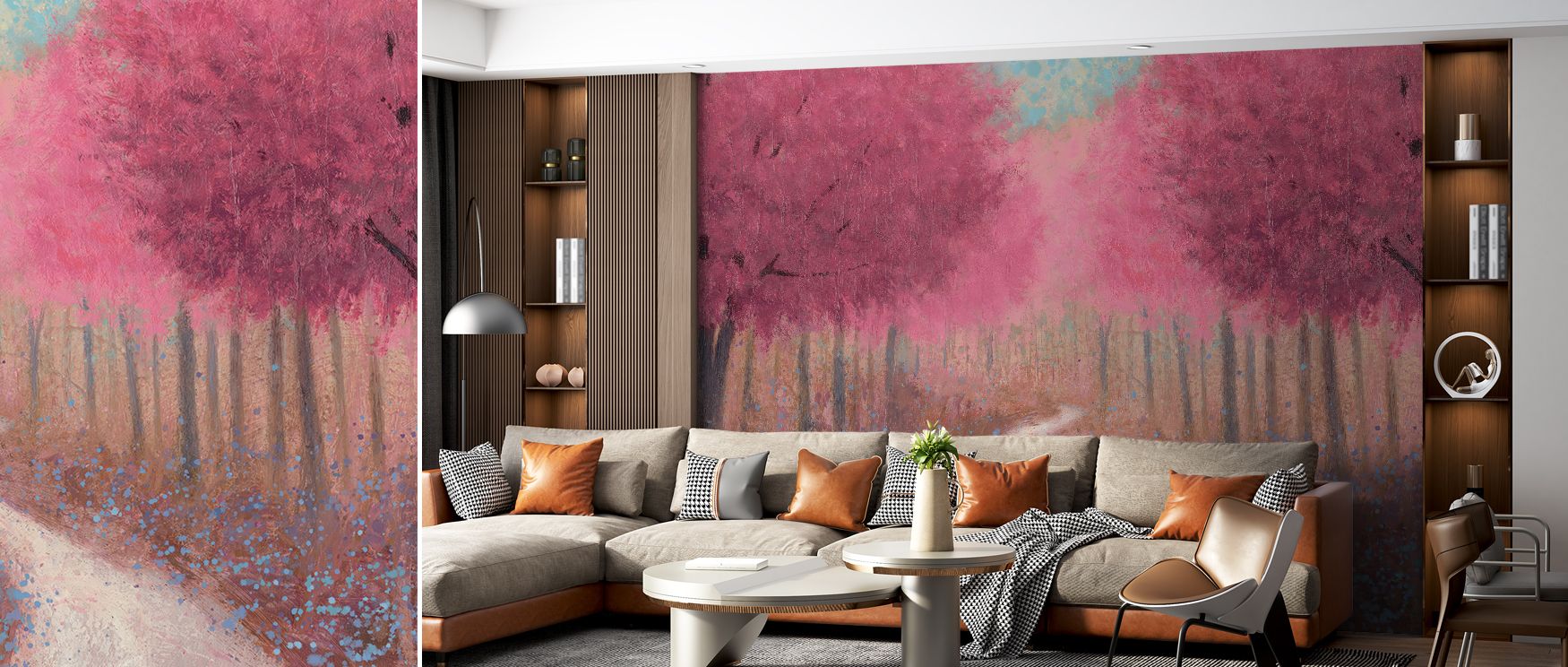 Artistic wallpaper of Forest Pathway Spring Scenic transforms living room walls with cheerful spring charm where colorful scenery establishes engaging backdrop enhancing interiors with elegance and creativity consistently. 