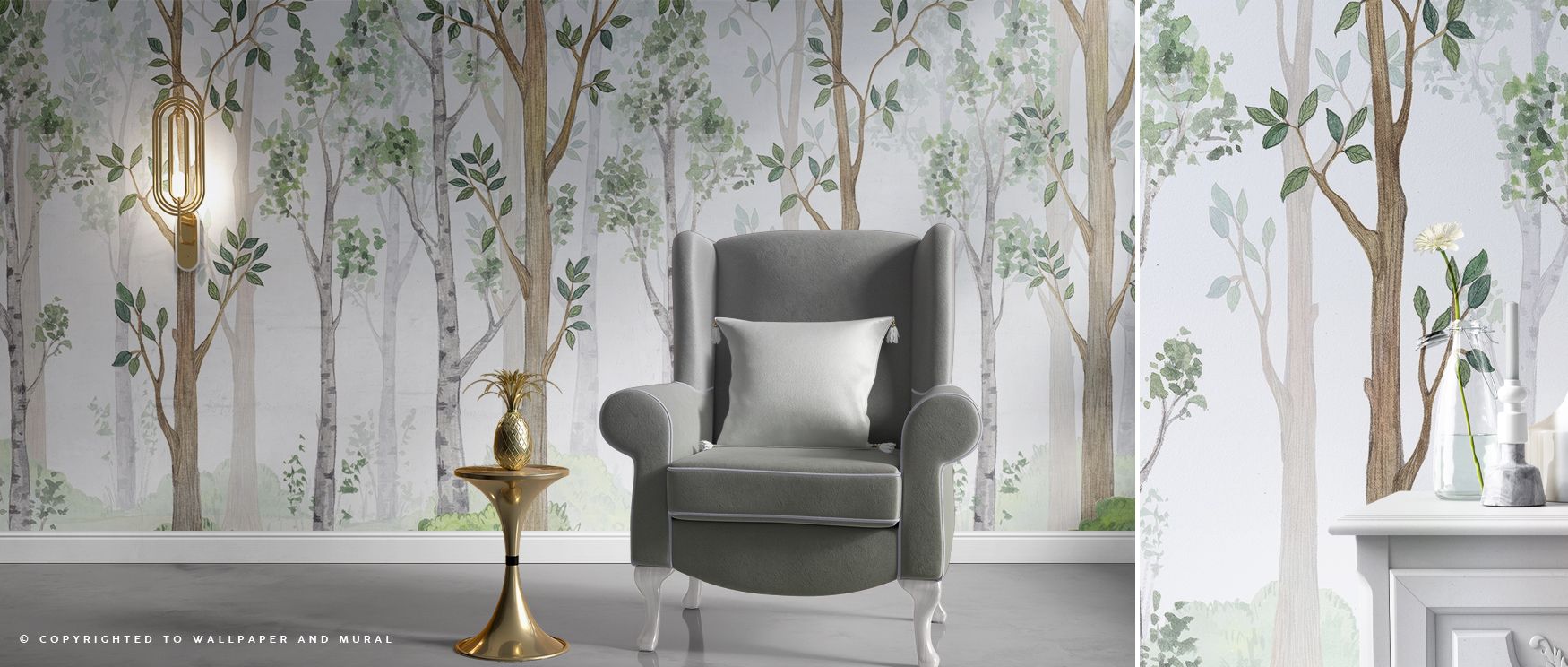 Artistic wallpaper of Forest Scenery enriches living rooms with lush greenery where immersive detail enhances decor creating atmosphere of tranquility harmony and artistic refinement offering stylish natural interiors gracefully. 