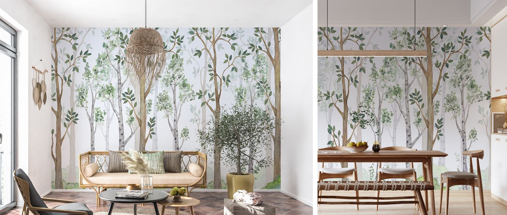 Wallpaper design Forest Scenery enhances office spaces with inspiring calm decor where lush landscapes establish professional atmosphere filled with artistic sophistication cultural refinement and natural serenity seamlessly. 