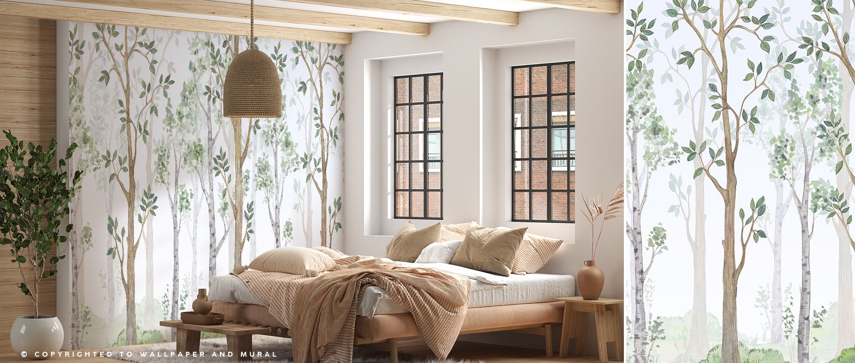 Scenic Forest Wallpaper design transforms living rooms with timeless greenery where forest details create engaging backdrop offering stylish artistic charm tranquility and natural elegance that uplifts interiors beautifully. 