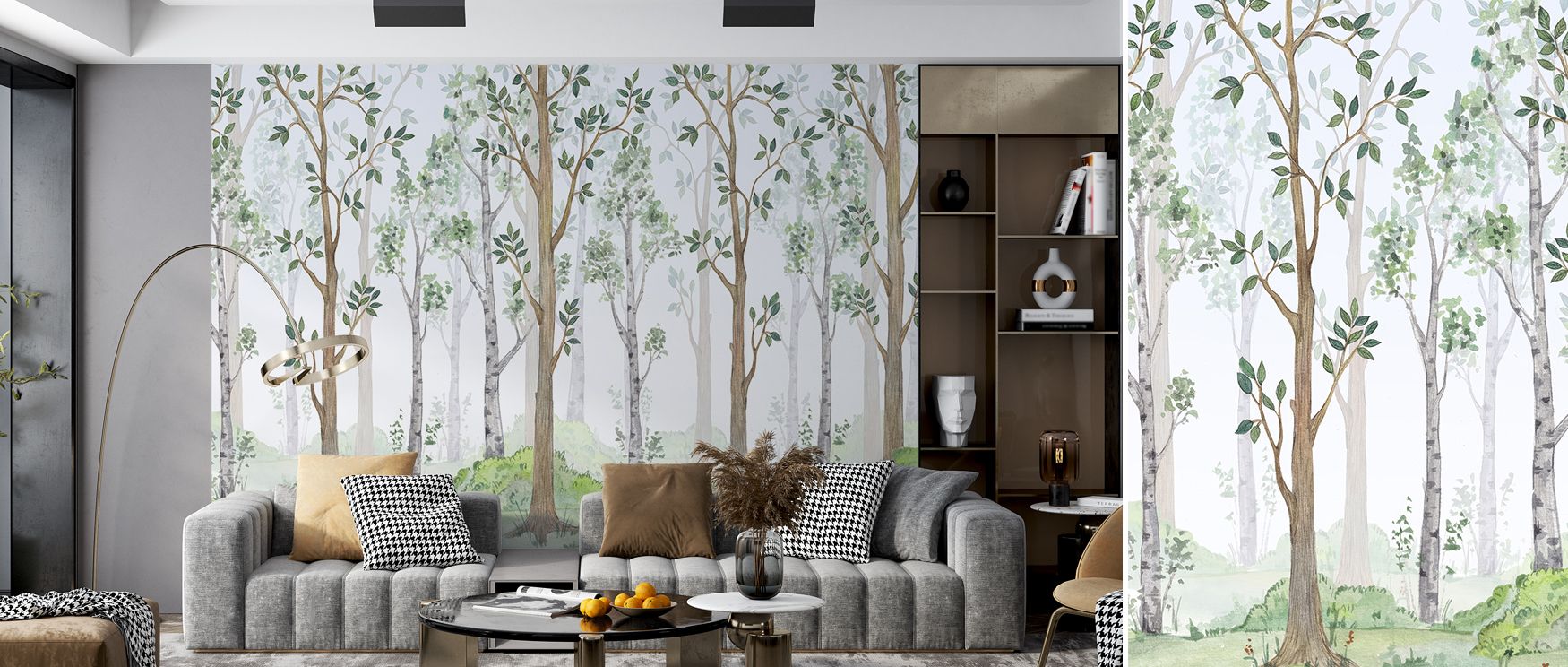 Wallpaper featuring Forest Scenery design adds cultural artistry to offices where lush landscapes enhance environment blending creative energy with refined professional elegance effectively. 