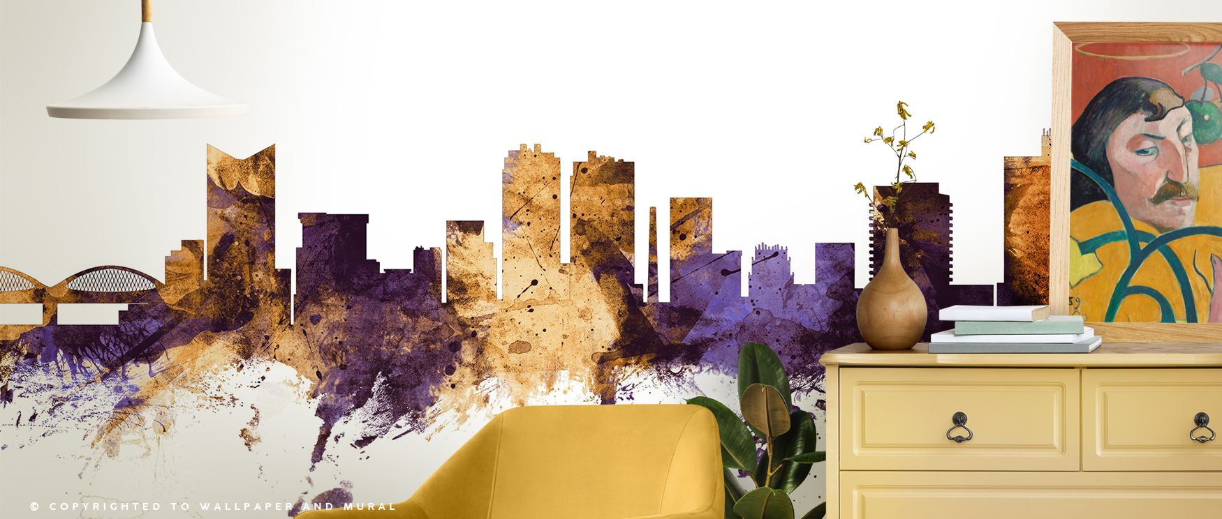 Artistic wallpaper of Fort Worth Skyline in purple and gold palette transforms living rooms with cultural vibrancy where bold tones and city imagery create engaging stylish backdrop inspiring atmosphere of sophistication and warmth effectively. 