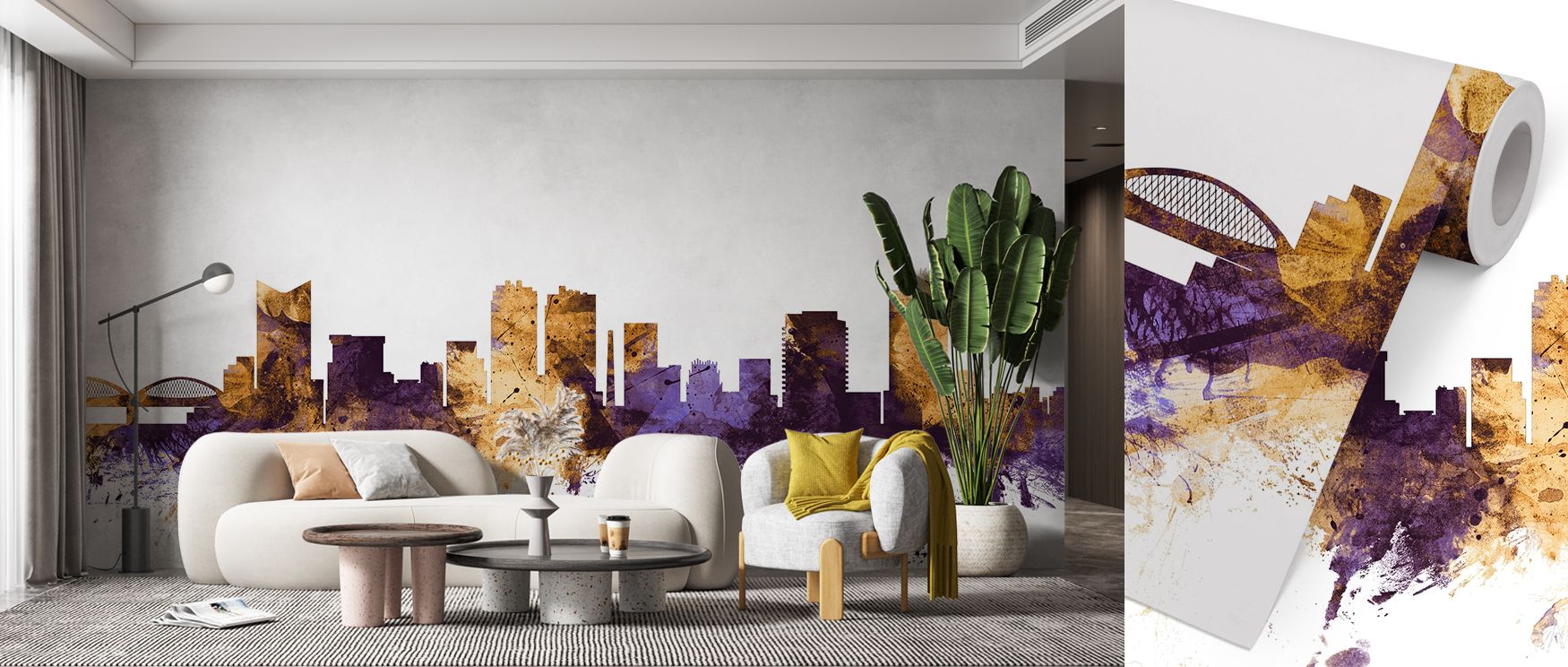 Wallpaper featuring Fort Worth city skyline in purple and gold tones enriches bedrooms with luxurious decor where regal color palette establishes restful sanctuary infused with cultural artistry and stylish charm balanced with bold elegant imagery natural