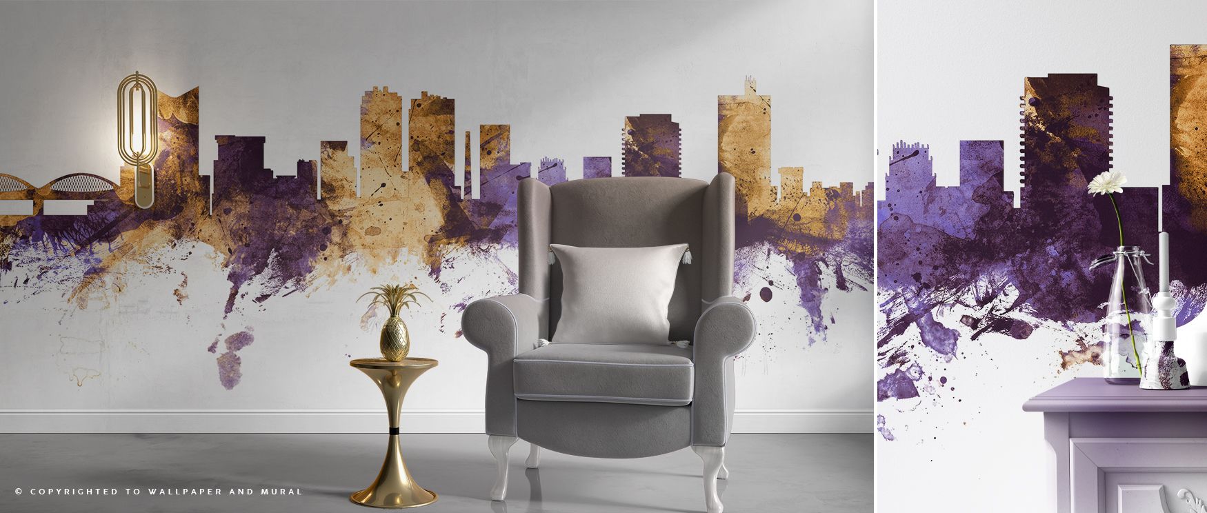 Fort Worth Skyline Purple and Gold design wallpaper provides offices with professional inspiring atmosphere where striking architectural silhouettes inspire creativity motivation and sophistication blending Texan spirit with refined stylish decor effortle