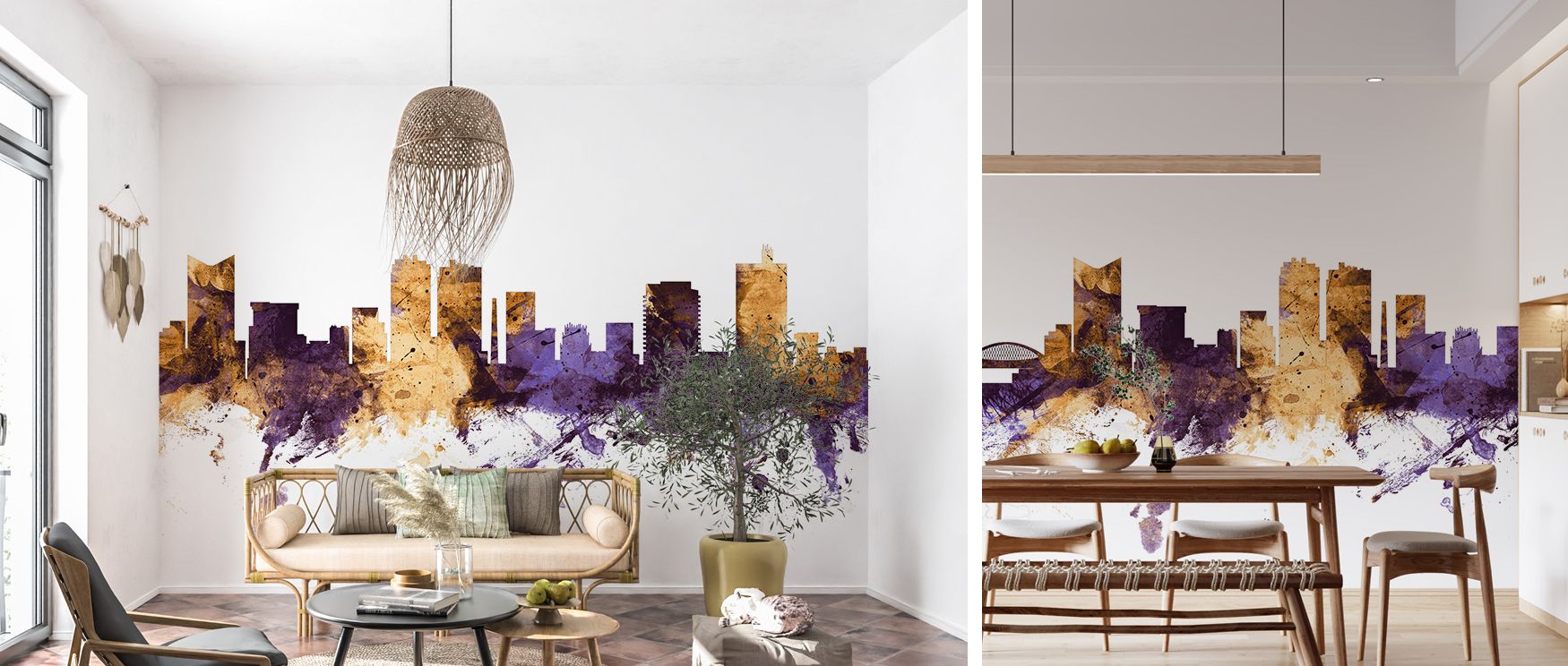 Fort Worth Skyline Purple and Gold Wallpaper enriches bedrooms with regal charm where bold color palette and urban silhouettes enhance restful sanctuary offering calm artistic atmosphere infused with Texan character consistently. 