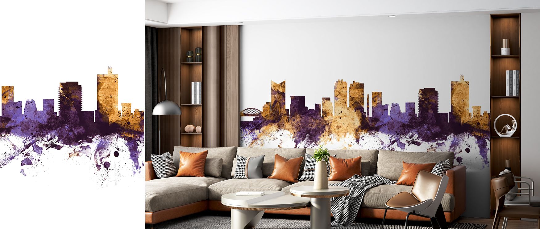 Stylish wallpaper of Fort Worth Skyline in purple and gold tones decorates living rooms with bold engaging focal point where architectural imagery and regal palette combine to enhance atmosphere with charm cultural richness and refined decor gracefully. 
