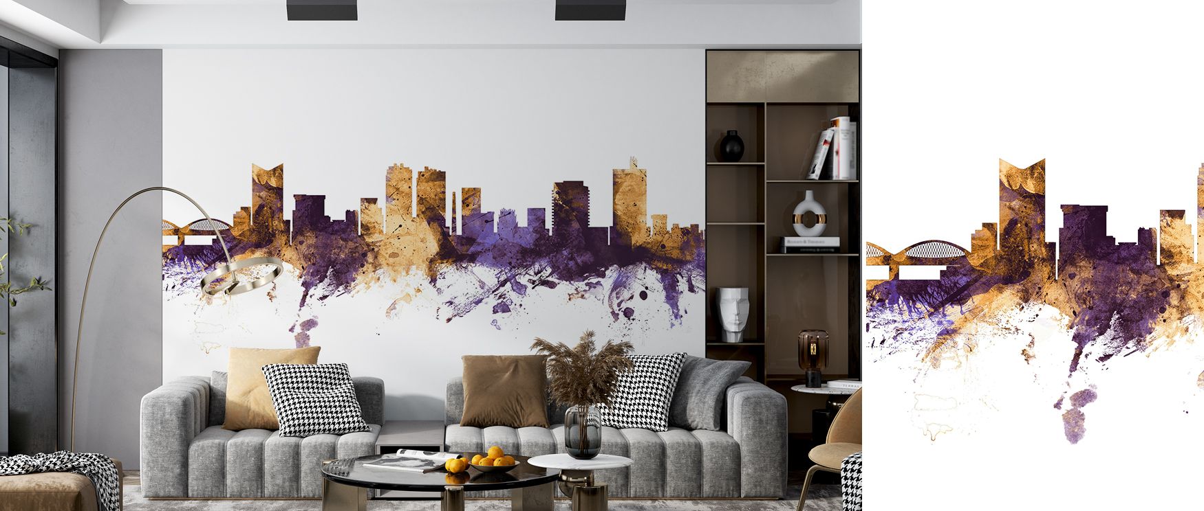 Fort Worth Skyline Wallpaper in purple and gold tones provides bedrooms with restful stylish atmosphere where bold colors balance tranquility with artistic cultural charm creating refined interior decor effectively. 