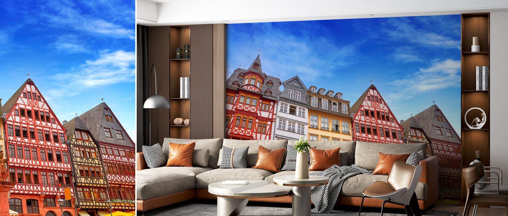Historic wallpaper of Frankfurt Romerberg Square enhances living rooms with engaging artistic decor where architectural heritage provides cultural vibrancy and refined atmosphere blending modern decor with timeless charm naturally. 