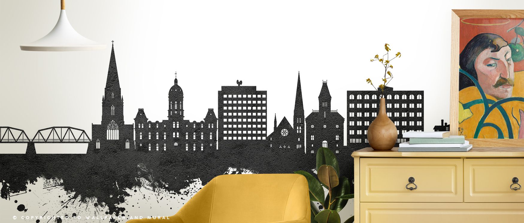 Monochrome Fredericton Skyline wallpaper enriches living rooms with striking architectural imagery where clean lines enhance interiors with urban artistry offering engaging and sophisticated atmosphere that elevates modern or traditional decor harmoniousl