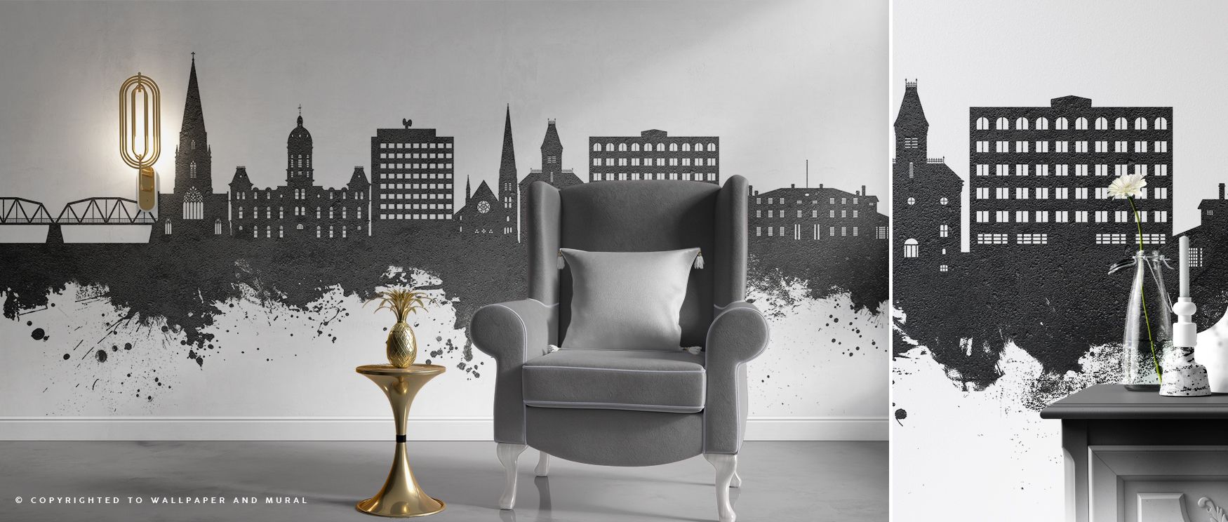Wallpaper design of Fredericton Skyline in bold black and white adds refined character to offices where architectural silhouettes inspire professional atmosphere balanced with artistic charm creating stylish creative environment filled with Canadian cultu