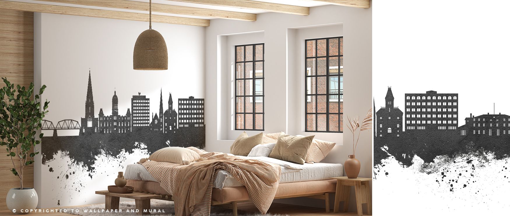 Wallpaper featuring Fredericton Skyline in bold black and white tones decorates office interiors with professional sophistication where architecture inspires productivity while offering subtle artistic presence blending cultural charm with modern design s