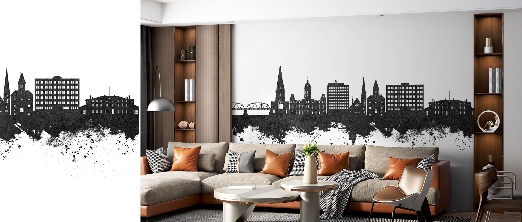 Fredericton city skyline wallpaper in artistic monochrome tones enhances living rooms with urban depth where walls transform into visual statements filled with architectural silhouettes and refined modern elegance naturally. 