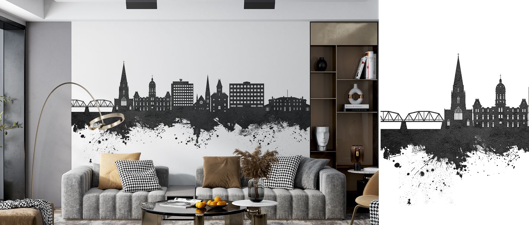 Stylish wallpaper design of Fredericton Skyline in black and white palette provides bedrooms with engaging calm atmosphere where monochrome architectural imagery inspires restful balance and cultural artistry elevating interiors gracefully.