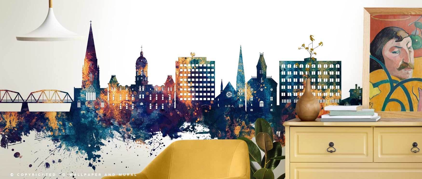 Blue and Bronze Fredericton Skyline Wallpaper design decorates living rooms with artistic vibrancy where architectural silhouettes enhanced with bold tones establish modern interiors filled with sophistication and cultural presence beautifully.