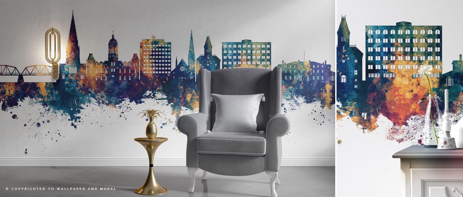Fredericton city skyline wallpaper with bold blue and bronze imagery transforms office interiors into professional yet inspiring settings where creative visual contrast fosters motivation and cultural pride while maintaining refined stylish decor consiste