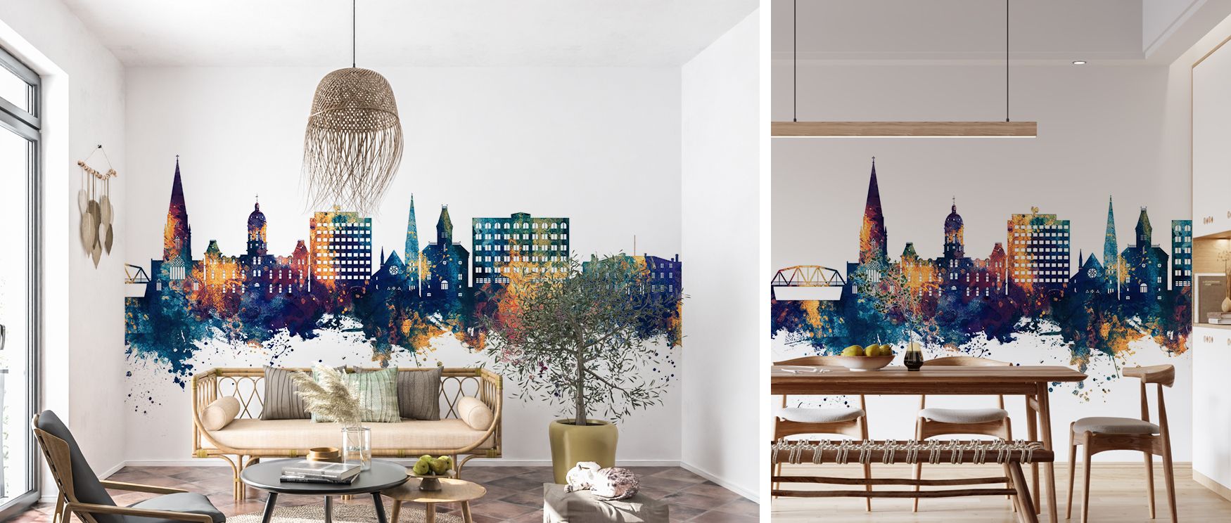 Fredericton Skyline Blue and Bronze Wallpaper imagery enriches bedrooms with engaging atmosphere where calming tones of blue pair with warmth of bronze creating balanced decor filled with elegance cultural richness and restful mood effectively.