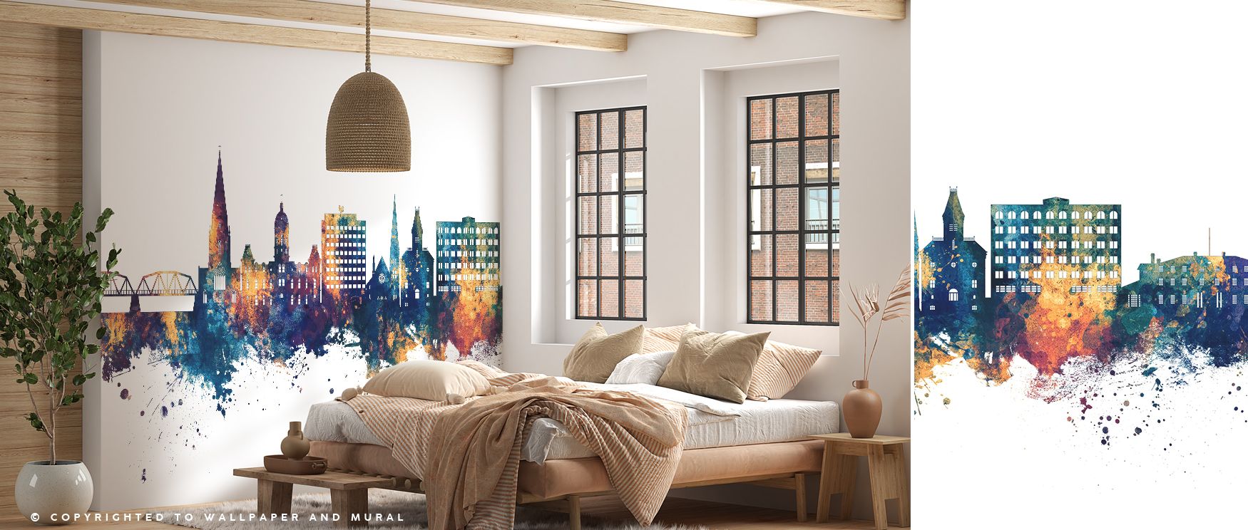 Stylish wallpaper design featuring Fredericton Skyline in blue and bronze tones adds cultural depth to office spaces where architecture inspires professional creativity within modern setting filled with charm sophistication and artistic energy seamlessly.