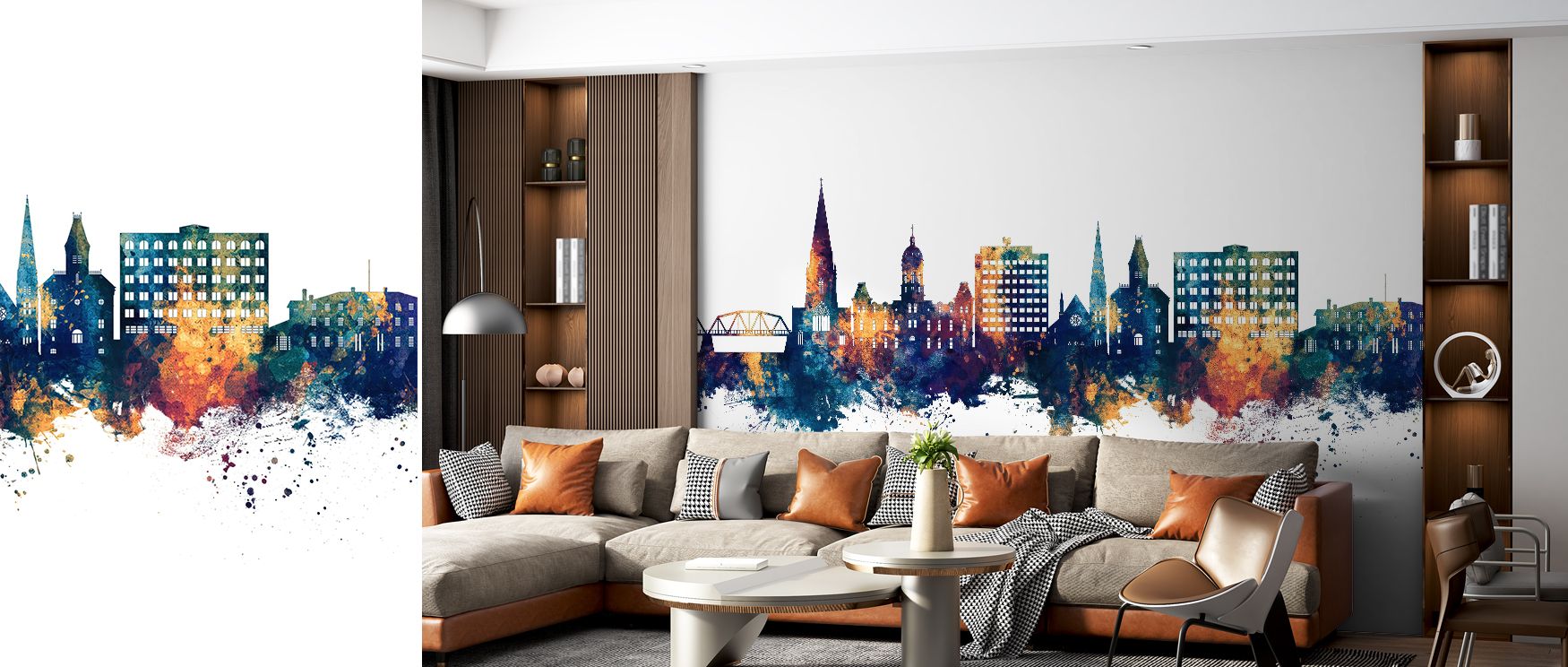 Artistic Fredericton Skyline wallpaper in blue and bronze palette provides living rooms with bold engaging design where architectural detail and cultural charm combine to enhance interiors with modern vibrancy and sophistication naturally.