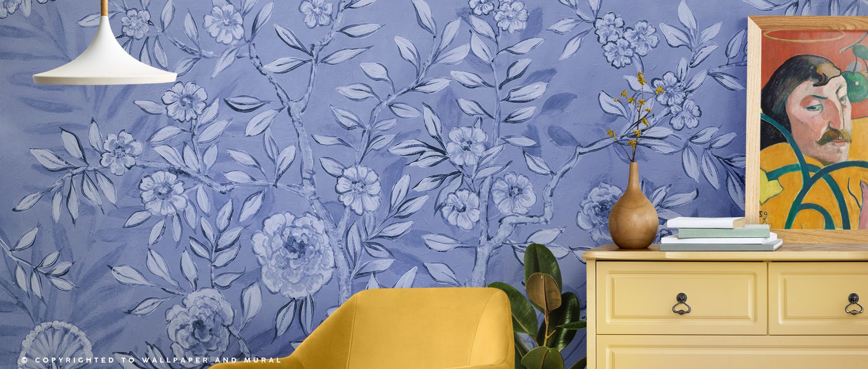Artistic wallpaper design of French Garden All Blue Floral imagery transforms living room walls with elegant detail where blossoms in shades of blue enhance atmosphere with cultural sophistication and stylish balance gracefully.