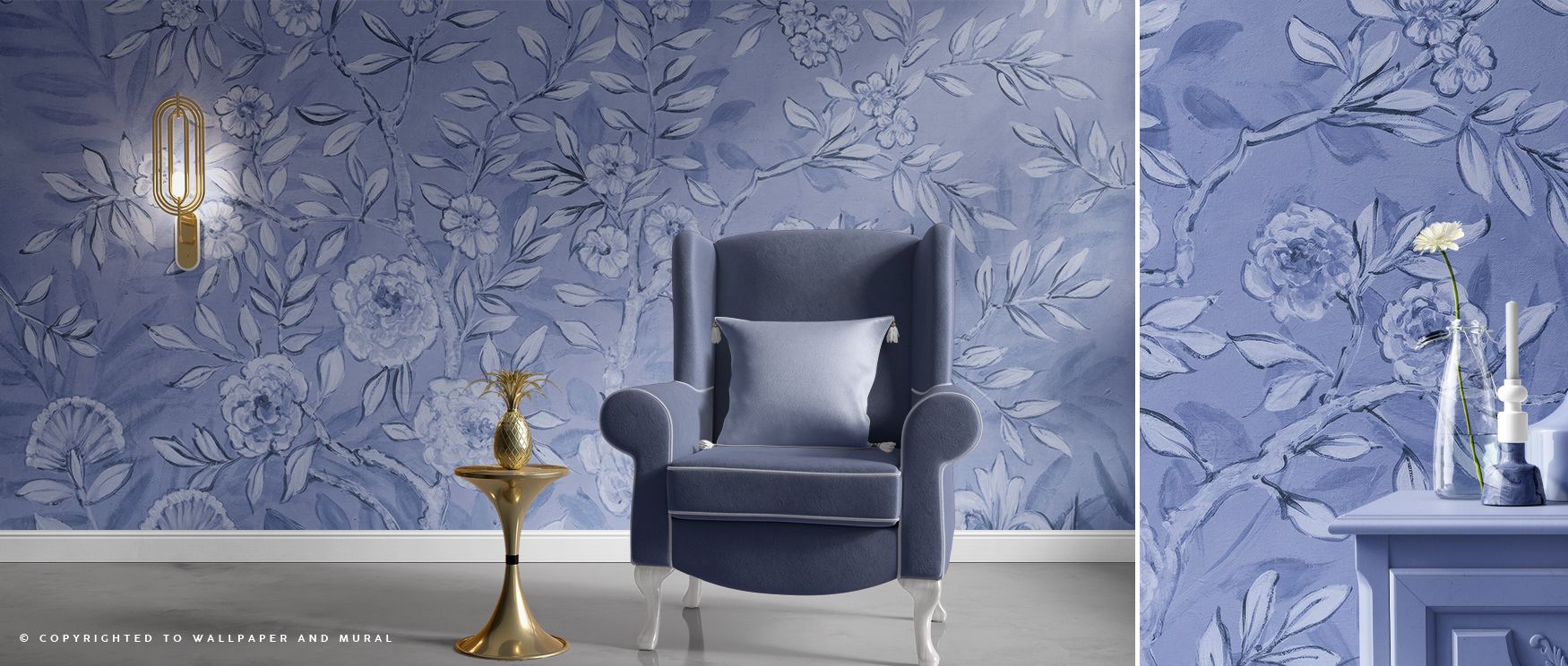 French Garden All Blue Floral Wallpaper design provides offices with refined calming imagery where floral motifs in soft blue tones foster professional yet serene environment balancing creativity with stylish cultural charm seamlessly.