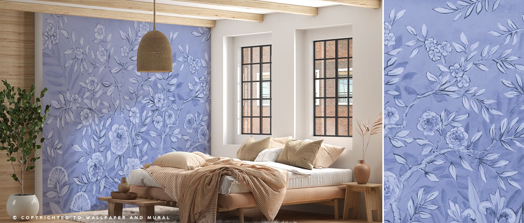 Wallpaper design French Garden All Blue Floral decorates office walls with delicate artistic floral imagery where calm palette enhances atmosphere blending professional decor with engaging cultural charm consistently.