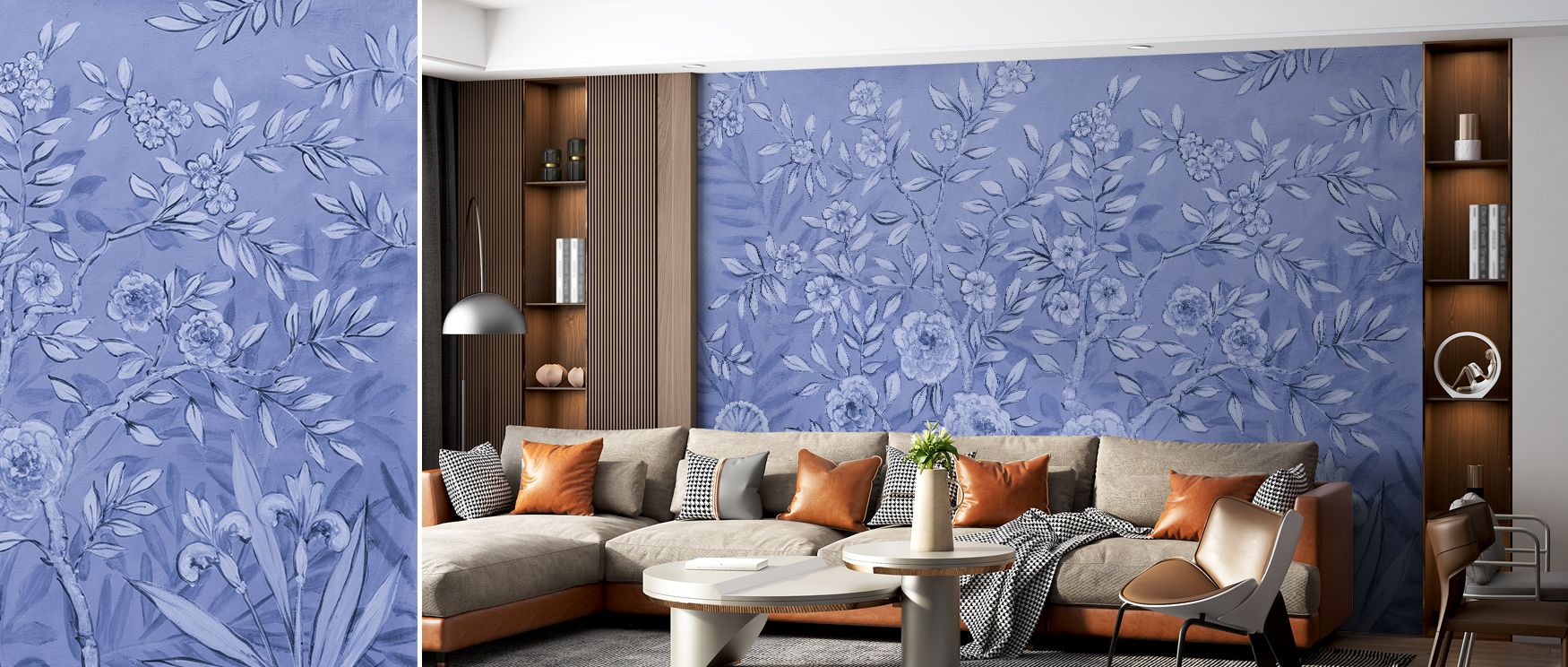 French Garden All Blue Floral Wallpaper provides living rooms with refined artistic decor where blue blossoms create serene engaging atmosphere enhancing modern home interiors with stylish cultural grace naturally.